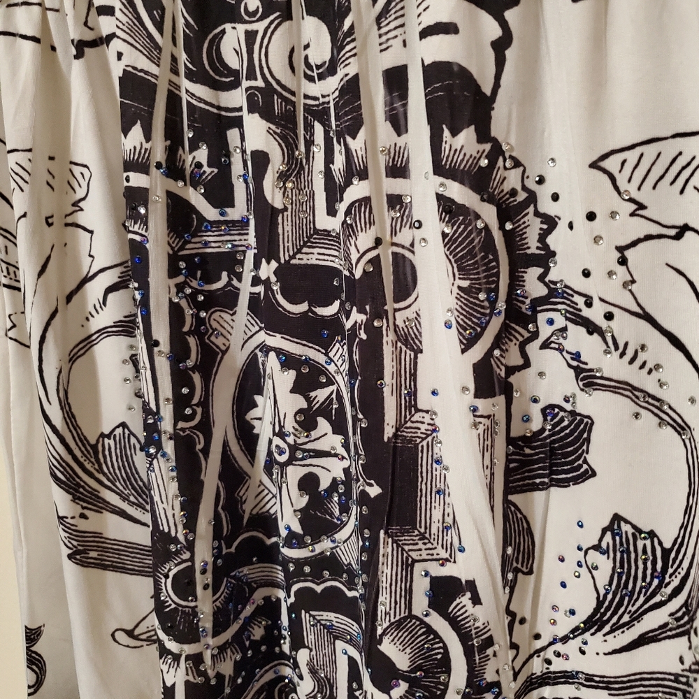 Y2K Rhinestone Baroque Scroll Print Black White V-Neck Tunic Dress